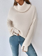Load image into Gallery viewer, Woven Right Decorative Button Turtleneck Dropped Shoulder Sweater

