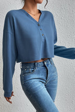 Load image into Gallery viewer, Cropped V-Neck Raglan Sleeve Buttoned Blouse
