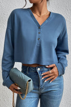 Load image into Gallery viewer, Cropped V-Neck Raglan Sleeve Buttoned Blouse
