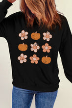 Load image into Gallery viewer, Simply Love Round Neck Long Sleeve Pumpkin &amp; Flower Graphic Sweatshirt
